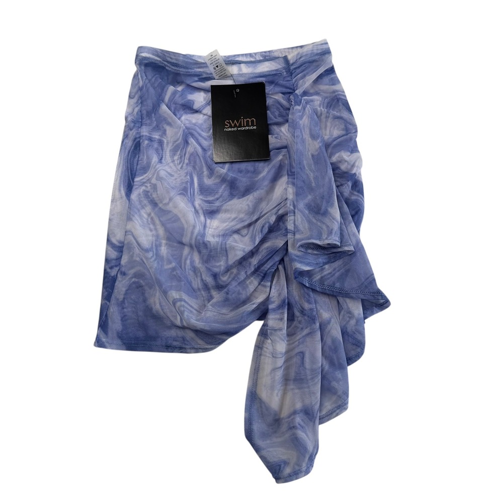 NAKED WARDROBE Swim Skirt Blue Marble Mesh Ruched Ruffle Women's Size XS NWT
